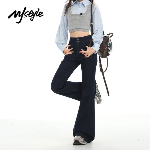 MJ STYLE American high-waisted boot-cut pants for women 2025 new autumn women's loose slimming bell-bottom jeans dark blue S