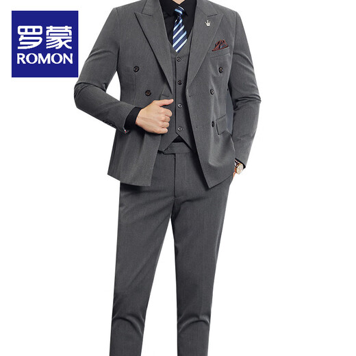 ROMON double-breasted suit suit men's fashion versatile business slim wedding groomsmen dress two-piece suit jacket dark gray two-piece suit + trousers 2XL 135-150Jin Jin equals 0.5 kg