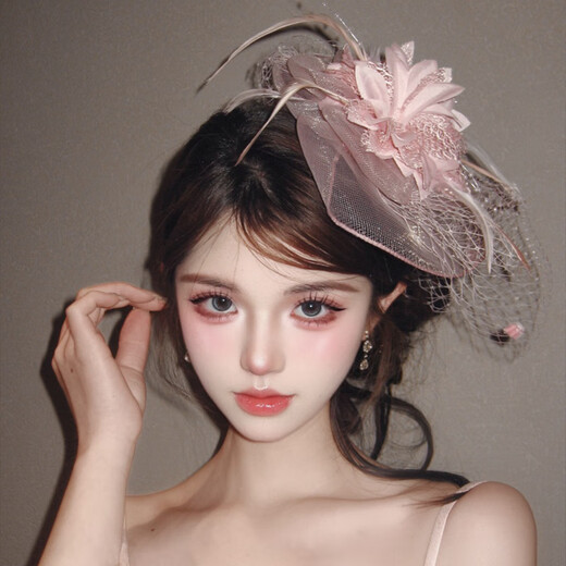Lu Shanwu top hat female French socialite pink mesh temperament elegant high-end hair accessories daughter banquet bride headdress veil feather flower top hat pink