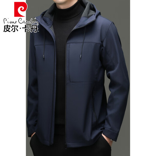 Pierre Cardin Jacket Men's Hooded Velvet Thickened Soft Shell 2025 New Middle-aged Dad Autumn and Winter Men's Jacket Jacket Navy XL