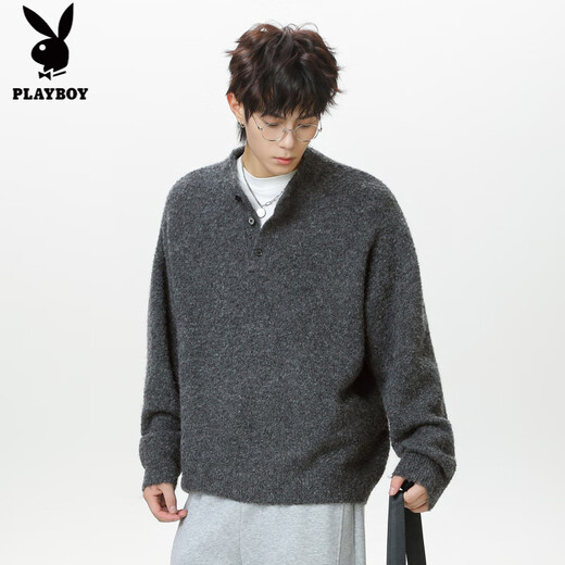 Playboy (PLAYBOY) retro old money Henry collar polo sweater men's autumn and winter thickened warm sweater lazy style pullover sweater jacket Moss green XL