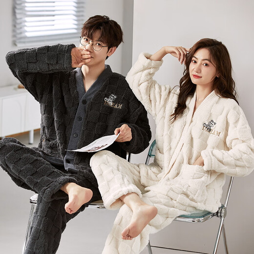 Langsha Couple Pajamas Autumn and Winter Coral Velvet Plus Velvet Thickened Men and Women Warm and Wearable Cartoon Home 2-piece Set Line Bear L Women's Style