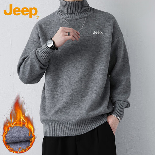 JEEP Jeep sweater men's winter velvet thickened warm inner layering sweater knitted men's gray velvet XL