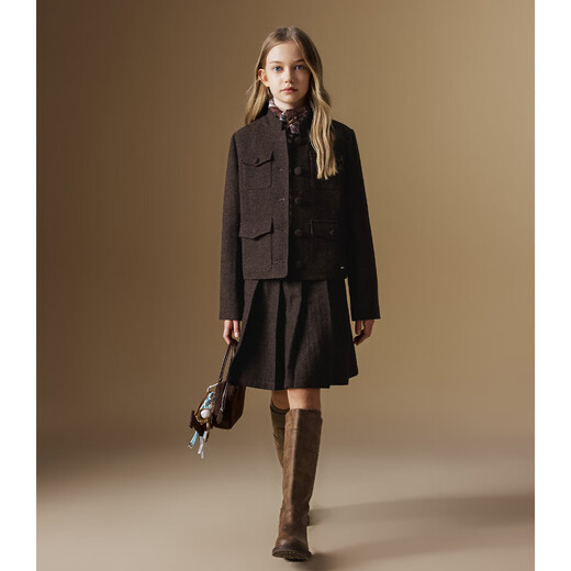 ELLE KIDS Wool Wool Jacket Retro Old Money Style Autumn and Winter Girls Classic Fashion Stand-up Collar Fitted Comfortable Top