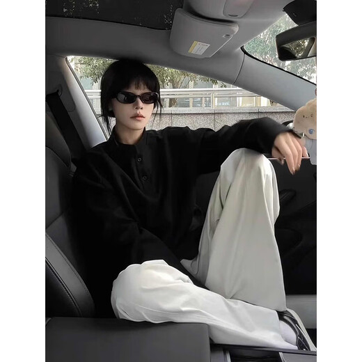 Luard American vintage Henry collar sweatshirt men's autumn high street casual retro long-sleeved loose shoulder polo shirt black XL