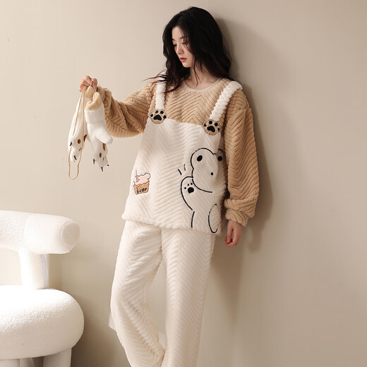 LangSha couple pajamas, one man and one woman, winter coral velvet thickened warm cartoon cute casual wearable home clothes winter 9018 couple M female + L male