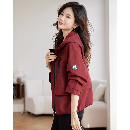 TERRE BLEUE Fashionable Versatile Jacket Women's 2025 Autumn New Age-Reducing Hooded Cardigan Windbreaker Red Velvet XL