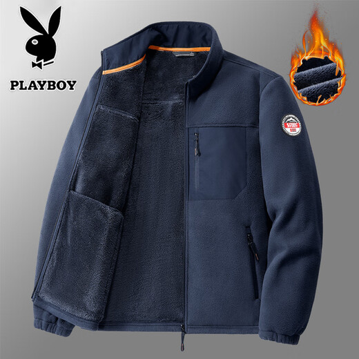Playboy (PLAYBOY) Jacket Men's Autumn and Winter Plus Velvet Thickened Stand Collar Warm Loose Casual Jacket Khaki XL