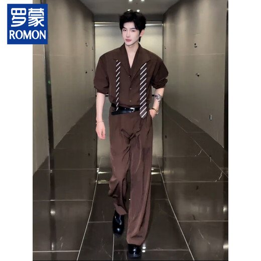 ROMON Maillard old money style male model high-end suit Korean design fake two-piece suit collar shirt drape trousers black suit 2XL