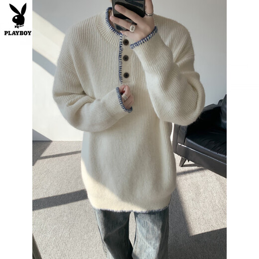 Playboy niche design Henry collar sweater for women and men, autumn and winter retro atmosphere loose pullover sweater for couple, off-white M