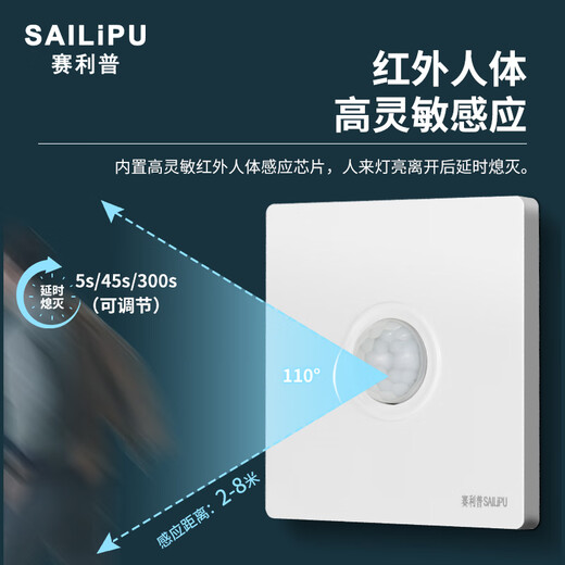 SAILiPU 86 type concealed sound and light control plus human body induction switch 220V infrared sound control two-in-one delay induction panel high power with adjustment second line 300W