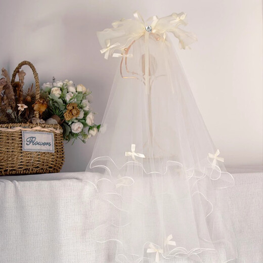 Shui Yunmiao bridal veil headdress wedding proposal fluffy yarn bow 2025 light luxury hair accessories wedding photo props headdress bow love veil 60cm hairpin style