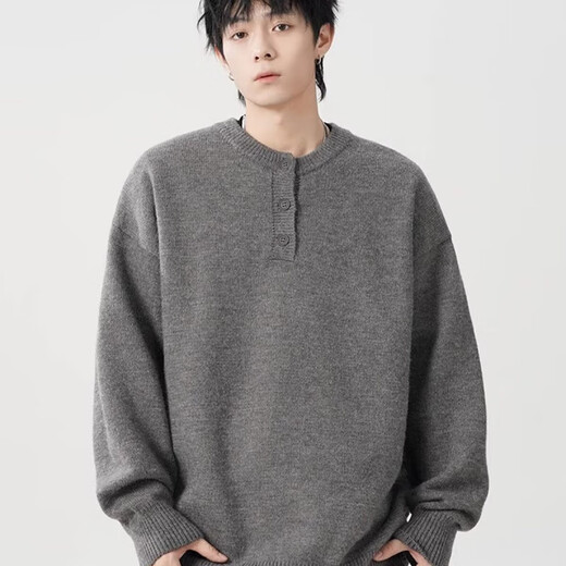 American retro Henry collar sweater for men and women, autumn trendy brand, loose off-shoulder casual sweater, lazy and versatile top, dark gray, regular, high quality, XL, recommended 125-140Jin Jin equals 0.5 kg