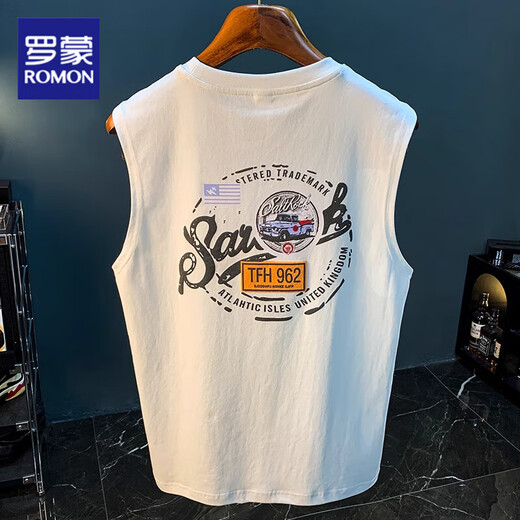 ROMON Loose American Vest Men's 2025 Summer Trendy Printed Sleeveless T-shirt Waistcoat Casual Sports T-shirt Men White HJ9906-1 L