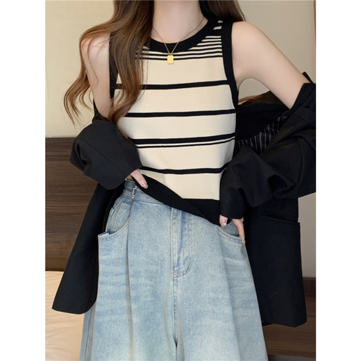 Chaleco de suspensión de punto rayado retro francés para mujeres en verano, exterior, camisa base sin mangas, negro, talla individual, recomendado 85-135 Jin [Jin equivale a 0.5 kg]