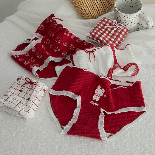 Caramella pure cotton underwear women's breathable briefs sweet and fresh women's shorts underwear red lace cartoon style mixed color 3 pieces one size fits all (suitable for 85-120 Jin Jin equals 0.5 kg)