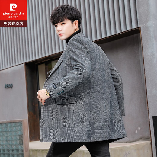Pierre Cardin men's suit mid-length windbreaker jacket spring and autumn slim woolen top youth Korean style trendy woolen coat deep grid 15 3XL 155-170Jin Jin equals 0.5 kg