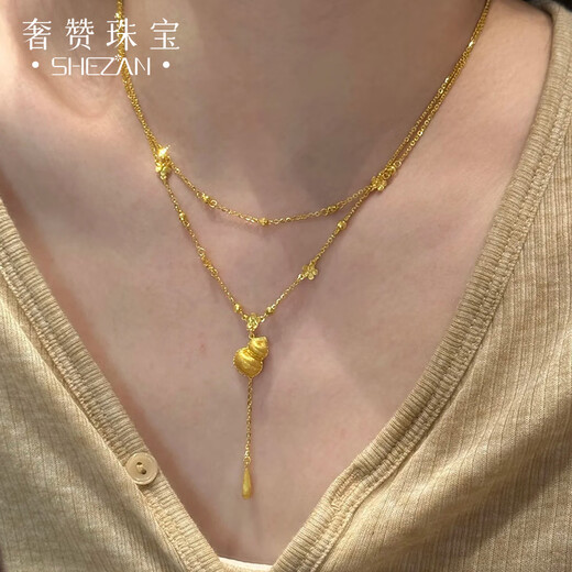Shezan 999 Pure Gold Fulu Shenghua Gold Necklace for Women Gold Gourd Water Drop Tassel Pendant Double Layer Bead Set Chain Necklace Pure Gold The gold weight is about 12.5g. If the weight is more, the less will be added.