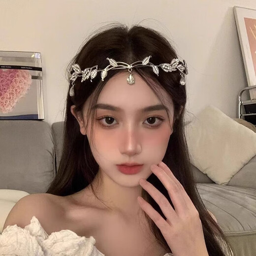 Crown forest style leaf water drop headband full of diamonds bride's forehead decoration super fairy on the run princess headband headband necklace Europe and America leaf water drop headband silver