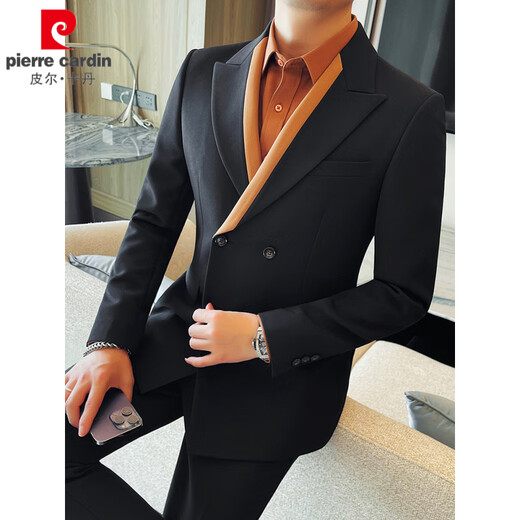 Pierre Cardin double-breasted color-blocked suit for men, high-end, slim, business casual, versatile groom's wedding suit, two-piece suit, white suit + trousers 3XL (155-165Jin Jin equals 0.5kg)