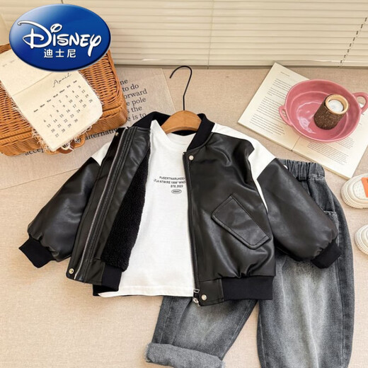 Disney children's leather jacket boys handsome motorcycle jacket baby spring new fleece top leather jacket black fleece 90 cm