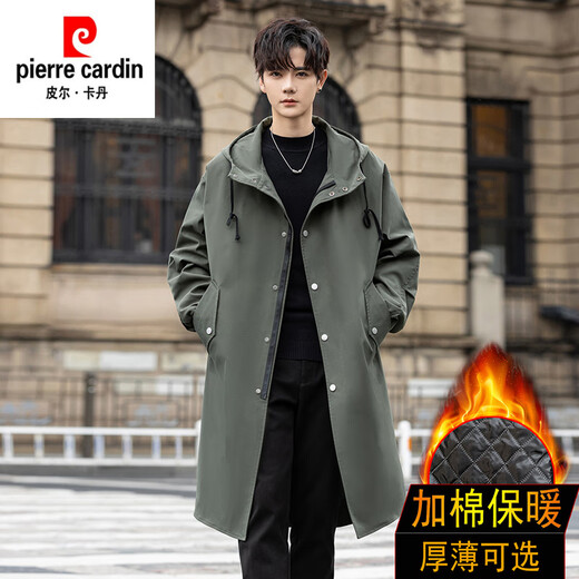 皮尔卡丹（pierre cardin）冲锋衣中长款过膝连帽风衣男春秋季薄外套秋冬季加绒加厚防寒大衣 黑色 S