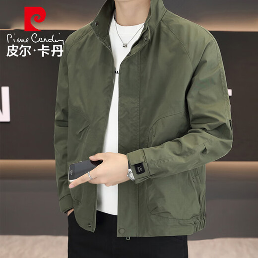 Pierre Cardin Jacket Men's Spring and Autumn Stand Collar Loose Versatile Breathable Fashion Simple Outdoor Casual Jacket Green 2XL