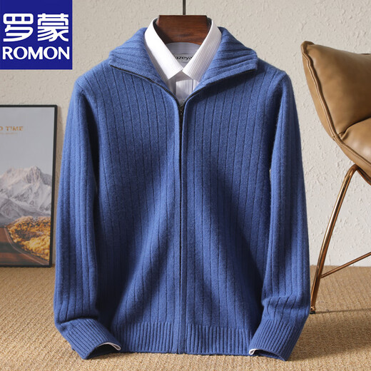 Romon 100% pure wool sweater men's turtleneck thickened zipper solid color sweater velvet business casual wool sweater jacket blue XL 150-170Jin Jin equals 0.5 kg