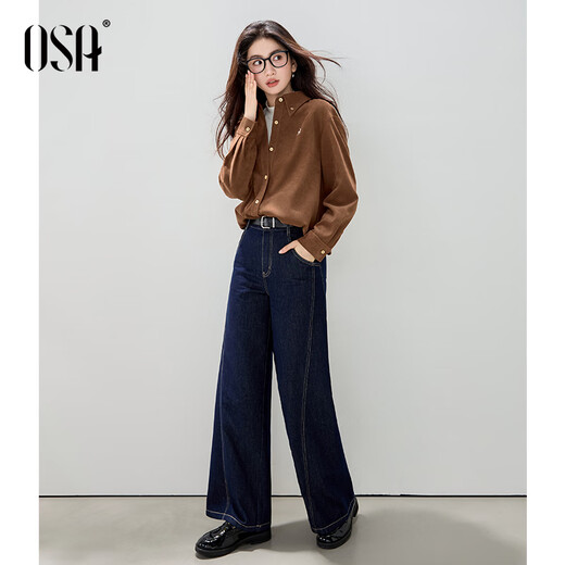 Osha Retro Cluli Style Brushed Shirt 2025 Winter New Women's Lapel Age-Reducing Embroidered Top Caramel Color XL