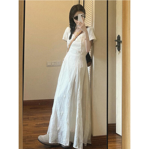 Bangboshi white dress short-sleeved embroidered floral long dress 2025 summer new tea break French style elegant temperament gentle style embroidered dress apricot M size suitable for 85-100Jin Jin is equal to 0.5 kg