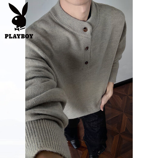 Playboy Henley Collar Half Turtleneck Sweater Men's Autumn American Loose Sweatshirt Jacket Men's Lazy Style Sweater Men Black 2XL