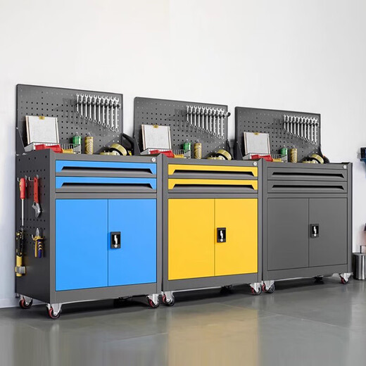 Factory direct sales Tool cart workshop lockable iron cabinet hardware parts cabinet factory mobile material storage cabinet three draw belt net gray blue color