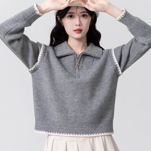 Fitma Gray Polo Neck Sweater Women's Thickened 2025 Spring and Autumn New Loose Bottoming Sweater Lapel Short Top Gray Thickened Model M Medium Size Recommended 100-120 Jin Jin equals 0.5 kg