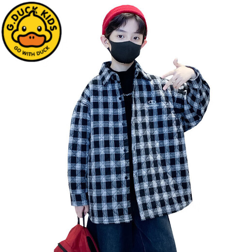 G.duck boys' autumn and winter jackets and quilted shirts 2025 new velvet and thickened plaid boys' winter clothes and children's cotton clothes trendy black 150 cm