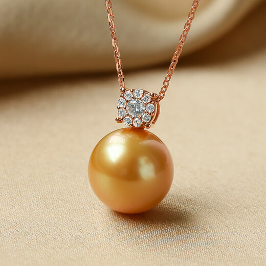 Queen of Pearls 18K Gold Diamond 13-14mm South Sea Gold Pearl Pendant Seawater Pearl Necklace Women Birthday Gift
