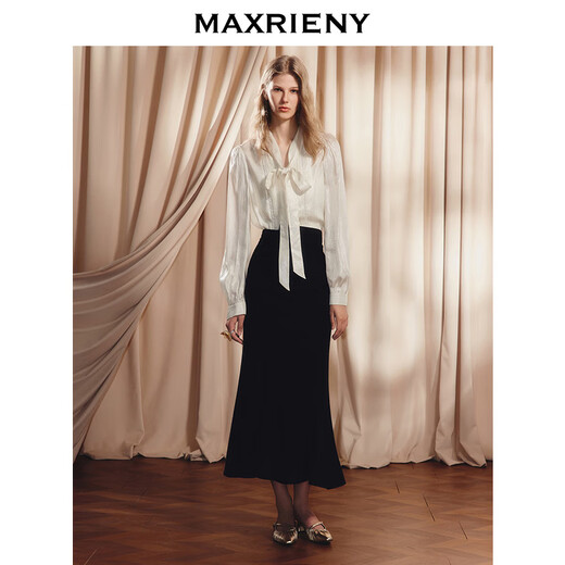 MAXRIENY【商场同款】华贵千金风蝴蝶结飘带蕾丝拼接醋酸缎面衬衫 奶油色 S