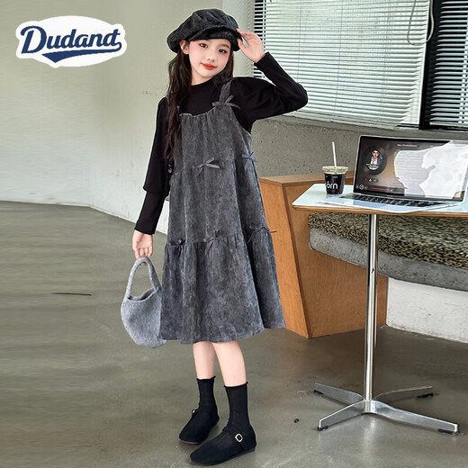 Dudant international brand girls' dress spring and autumn 2025 new children's long-sleeved princess dress autumn big children's girl suspenders alpaca shark pants + black inner + gray skirt 120 cm recommended height around 115