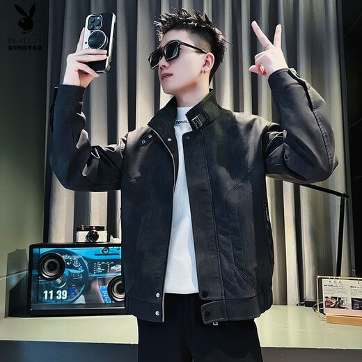 Мужская кожаная куртка с воротником-стойкой Playboy (PLAYBOY) с утолщенным топом на осень и зиму 2025 года, новая высококачественная красивая мотоциклетная кожаная куртка для мужчин кофейного цвета A343-JK180 M