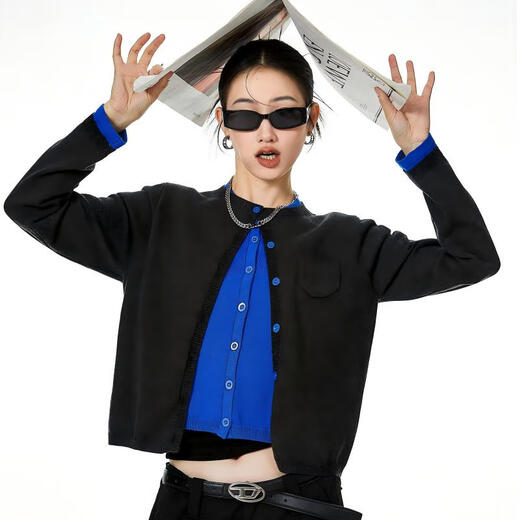 ICH MODE American retro fake two-piece knitted cardigan women's autumn and winter sweater jacket bottoming shirt long-sleeved top dark gray M