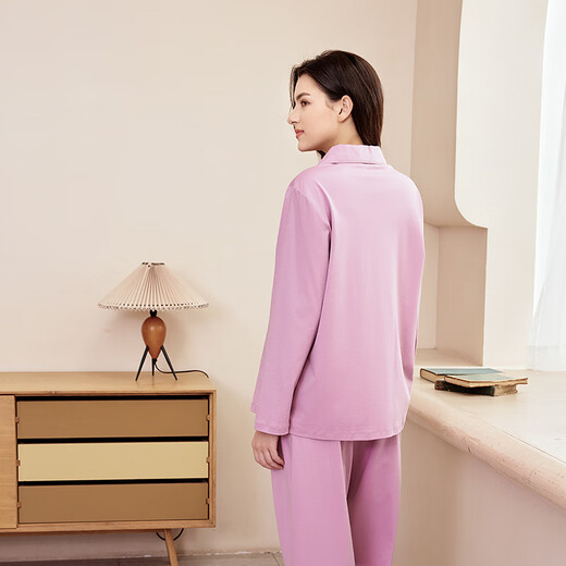 American Standard Cotton Pajamas Women's Autumn and Winter Couple's Long Sleeve Suit Men's Solid Color Cotton Cardigan Home Clothes Bean Paste Purple L