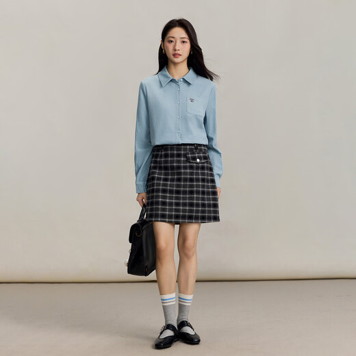 INMAN pure cotton simple commuter long-sleeved shirt for women 2025 autumn retro embroidered loose lapel corduroy shirt light aqua XL