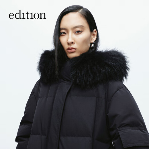 Edition down jacket women's raccoon fur collar hooded long windproof light warm goose down jacket black XS
