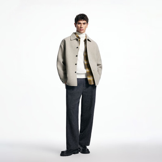 JACK&JONES men's woolen coat, fashionable and versatile, washed long-sleeved loose pointed collar trendy top 225427031 G63 sand floral gray regular M (175)