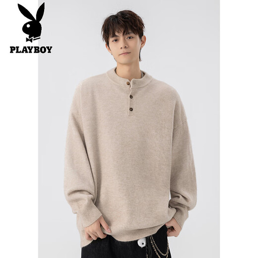 Playboy (PLAYBOY) brand sweater men's new winter henley collar sweater men's Japanese loose casual simple bottoming shirt men's apricot M