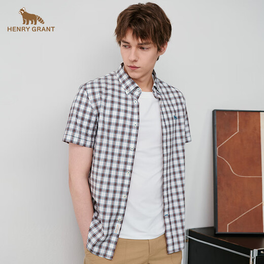 HENRY GRANT Henry Grant 2025 summer short-sleeved breathable top men's lapel summer business shirt plaid shirt red (QTC242140S311) 48 (175/92A)