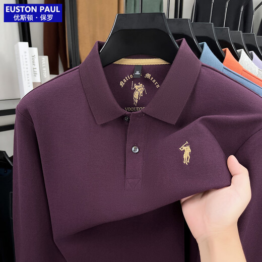 EUSTON PAUL Autumn new style 100% cotton men's long-sleeved T-shirt high-end lapel embroidery versatile POLO shirt for young and middle-aged people Black L (50) Weight 120-140Jin Jin is equal to 0.5 kg