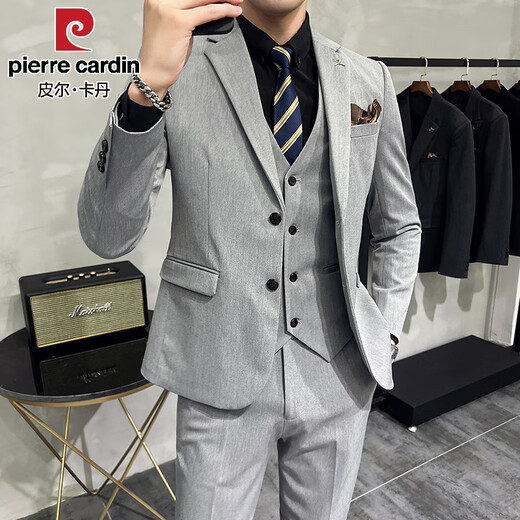Pierre Cardin business casual single-breasted suit suit groom Korean style men's slim double slit small suit lapel collar formal suit black suit + trousers + vest free black tie XL