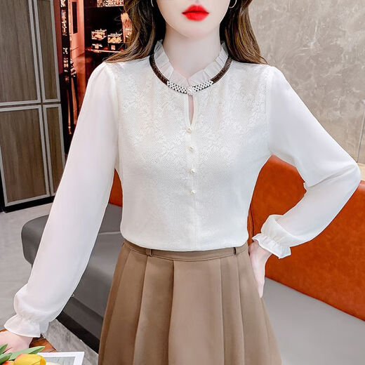 Ling Yue French Elegant Spring and Autumn New Shirt Women's Western Fashion Temperament Top Age-Reducing Long-Sleeved Lace Chiffon Shirt Women Off-White M Recommended 96-105 Jin Jin equals 0.5 kg
