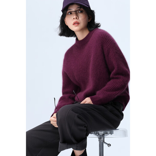 Xingshi WeTHEE high-end thickened raccoon velvet small round neck vertical stripe slightly loose pullover sweater for women, prune purple, one size