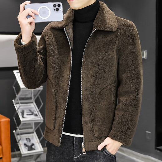 Goldlion leather jacket men's winter velvet thickened Korean style trendy lamb wool double-sided cotton coat and fur integrated winter jacket trendy gray M